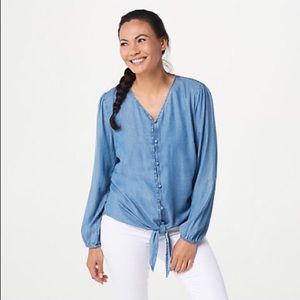 Denim & Co lightweight denim button-front tie waist top